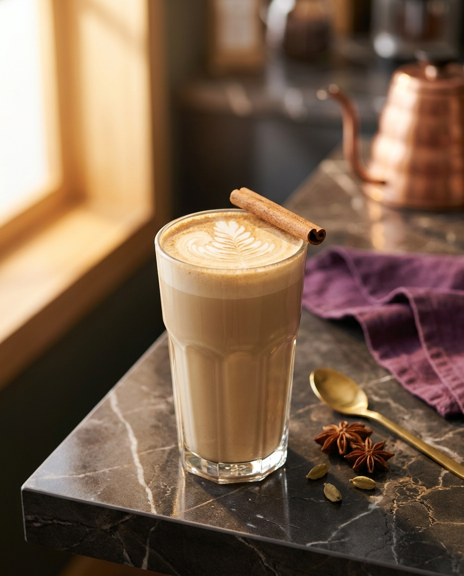A creamy Royal Chai Latte with latte art