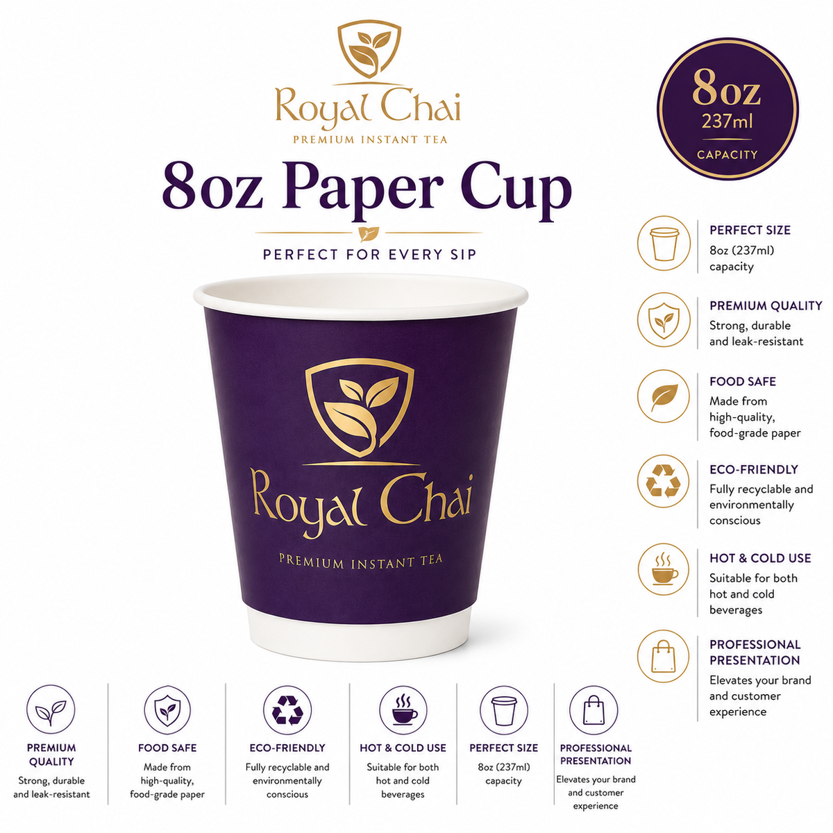 A promotional product graphic for a Royal Chai 8oz paper cup. The cup is deep purple with gold foil branding and a white rim, shown on a white background with feature callouts, icons, and a capacity badge reading 8oz / 237ml.