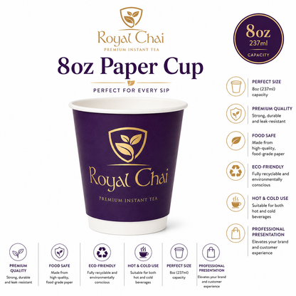 A promotional product graphic for a Royal Chai 8oz paper cup. The cup is deep purple with gold foil branding and a white rim, shown on a white background with feature callouts, icons, and a capacity badge reading 8oz / 237ml.