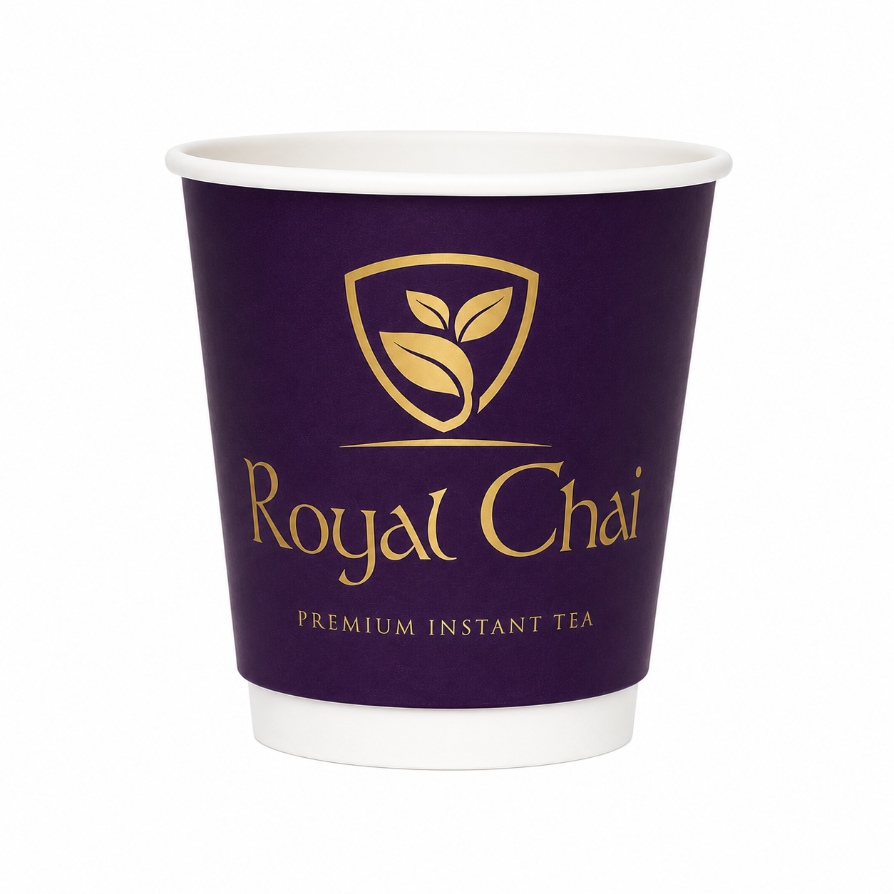 A disposable paper coffee cup with a deep purple body, white rim and base, featuring a gold shield logo with leaves and the text 'Royal Chai' and 'PREMIUM INSTANT TEA'.