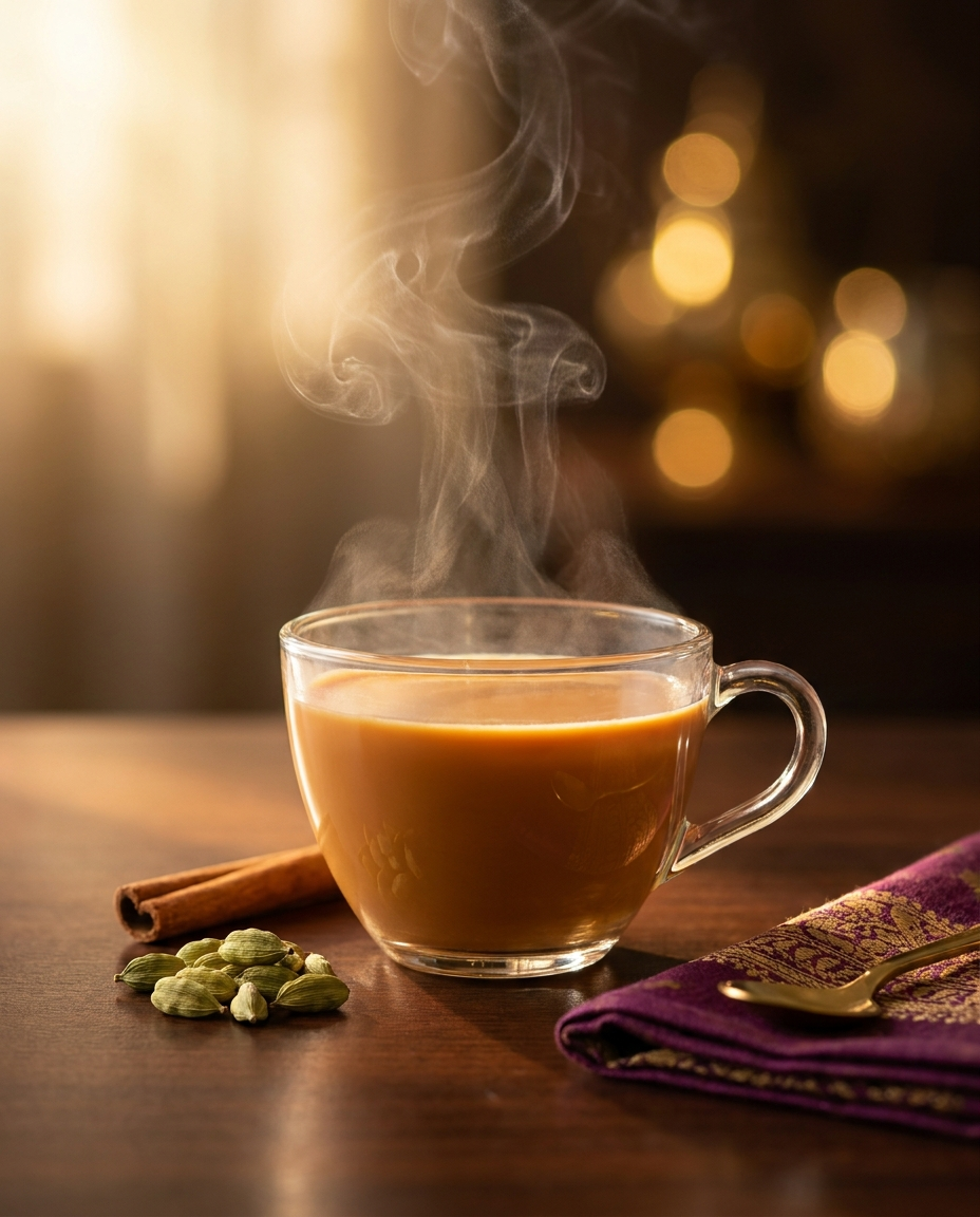 A steaming cup of Royal Chai Karak Chai