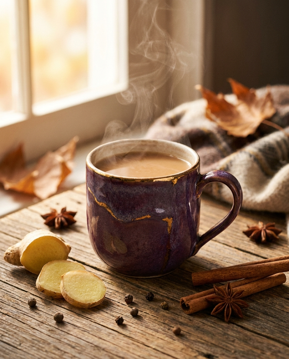 A warming cup of Royal Chai Ginger Chai with fresh ginger